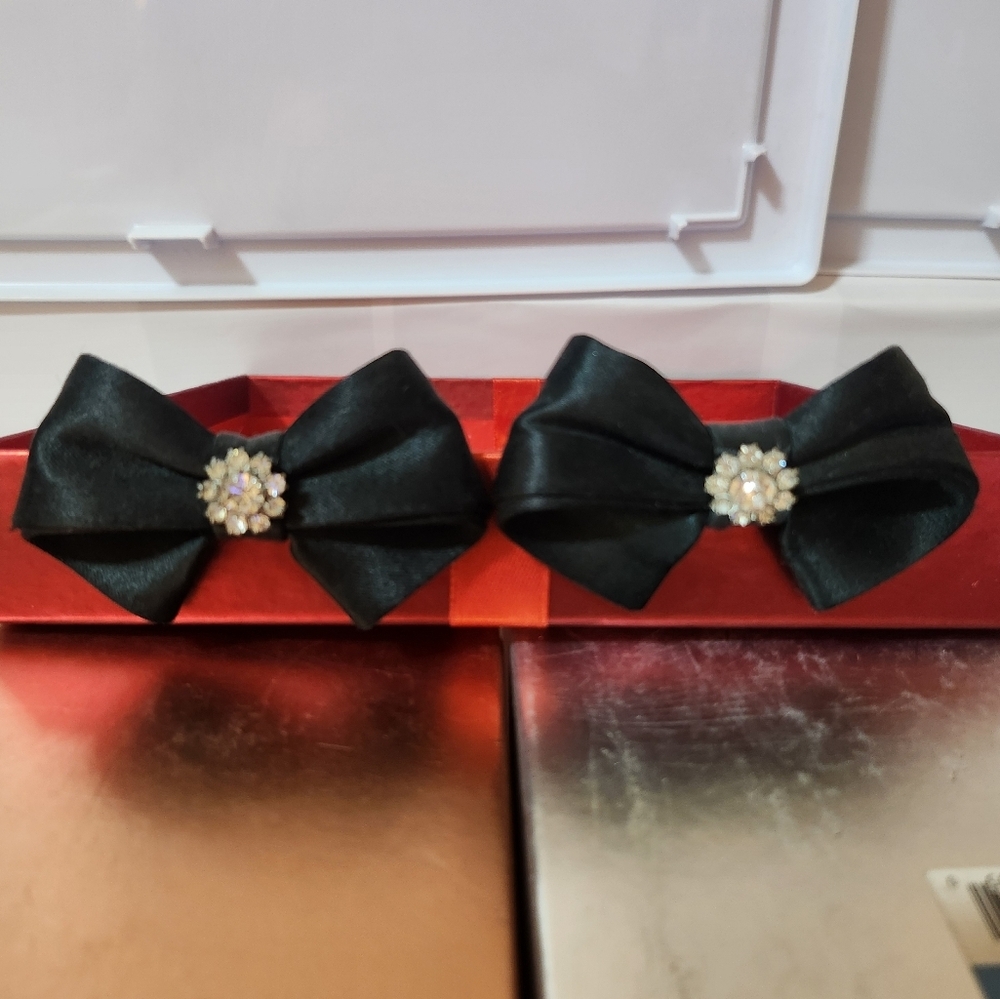 Detachable Black Satin Bowknot Shoe Clips Rhinestone Center Bridal Shoe Clips